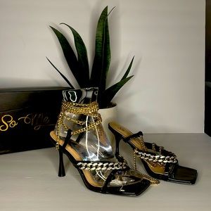 Sz 8.5 Black & Gold Cuban Link Chain Gladiator Sandal Heels